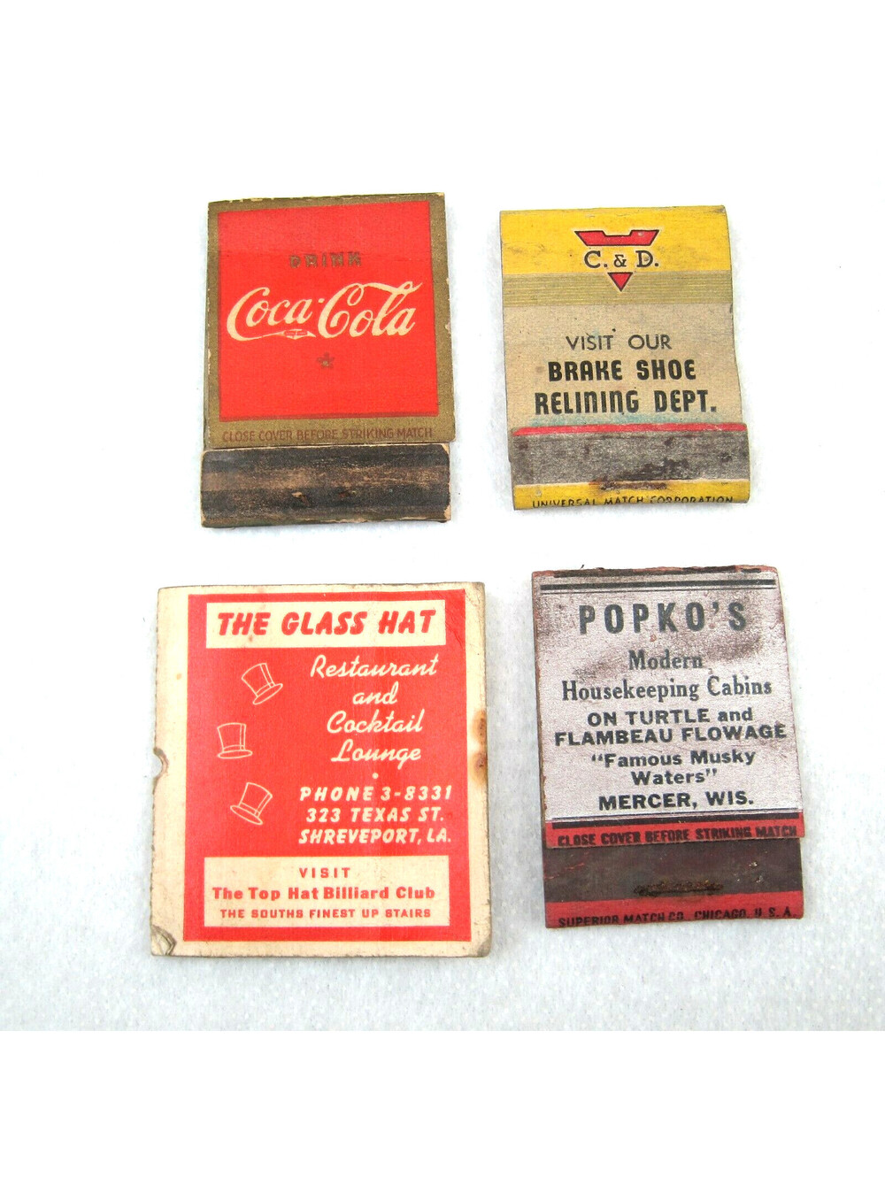 4 Vintage Matchbook Covers Drink Coca Cola C&D Auto Ohio, The Glass Hat, Popko's
